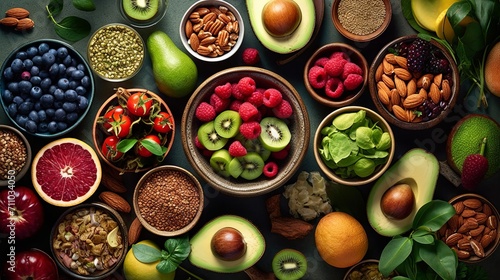 variety of bright and fresh fruits  berries and nuts  neatly distributed in wooden bowls on a green background. Concept  Healthy food for a diet menu. Vitamins and microelements