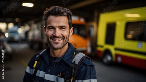 Fotografia portrait of a smiling firefighter in protective gear