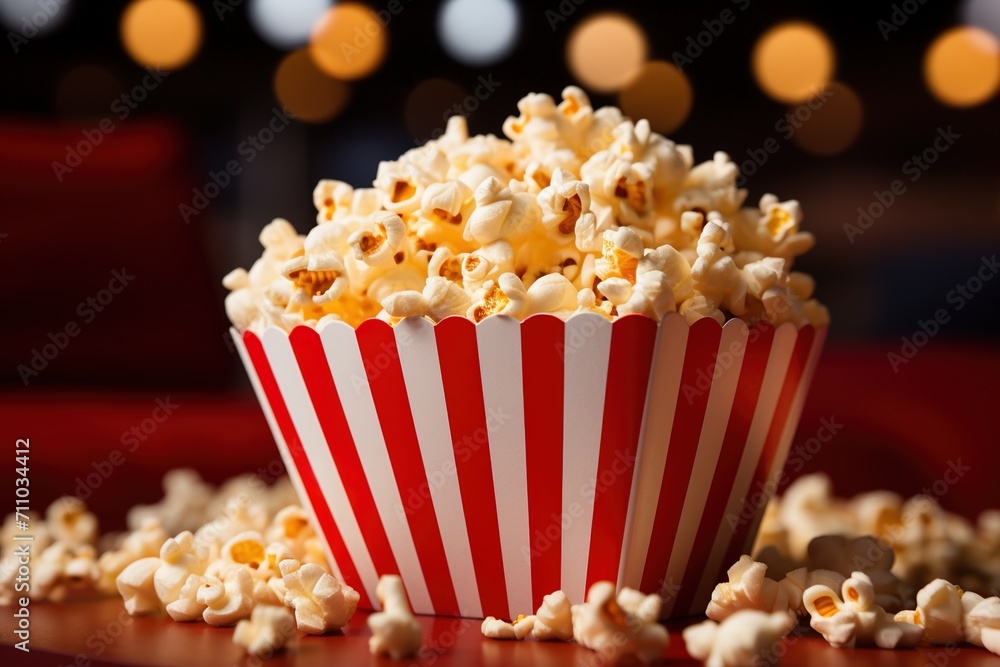 A red and white striped container filled with popcorn A red and white striped container filled with popcorn