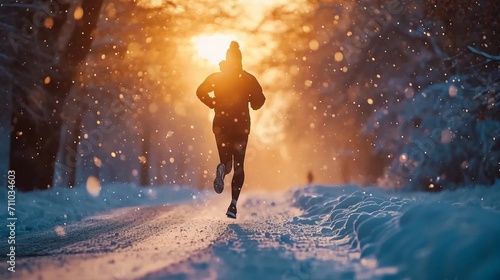 Silhouette of a person running on a snowy road in the sunlight