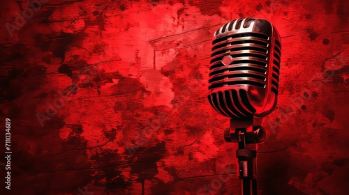 Vintage Microphone on Red Background for Retro Vibe and Classic Charm