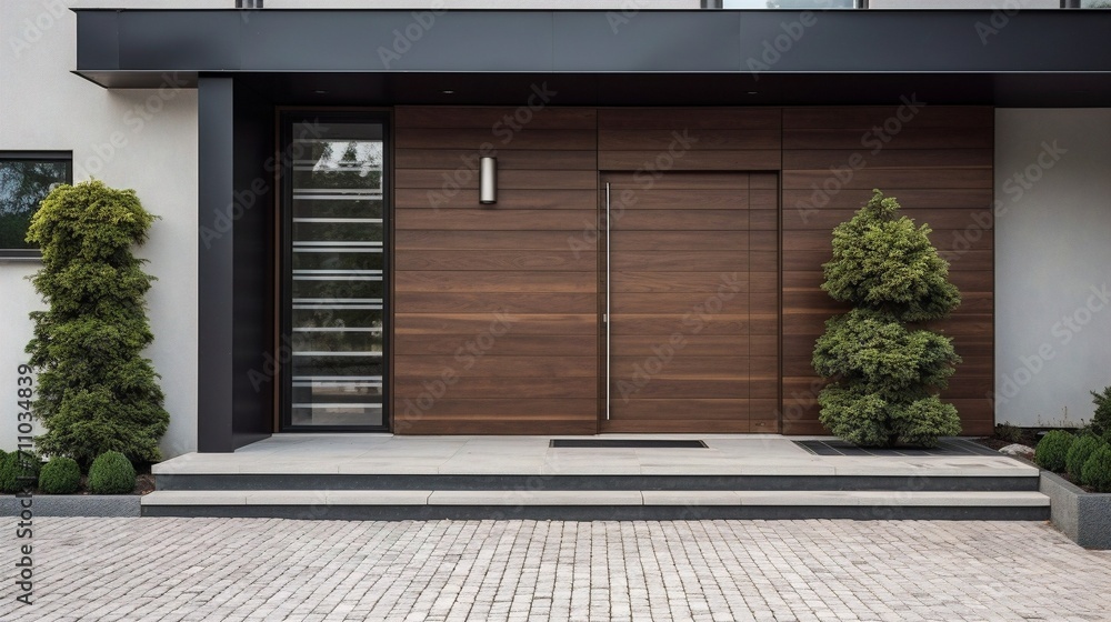 Modern main entrance wooden door with glass, plants on the floor, stone wall. - obrazy, fototapety, plakaty 