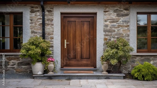 Modern main entrance wooden door with glass, plants on the floor, stone wall.