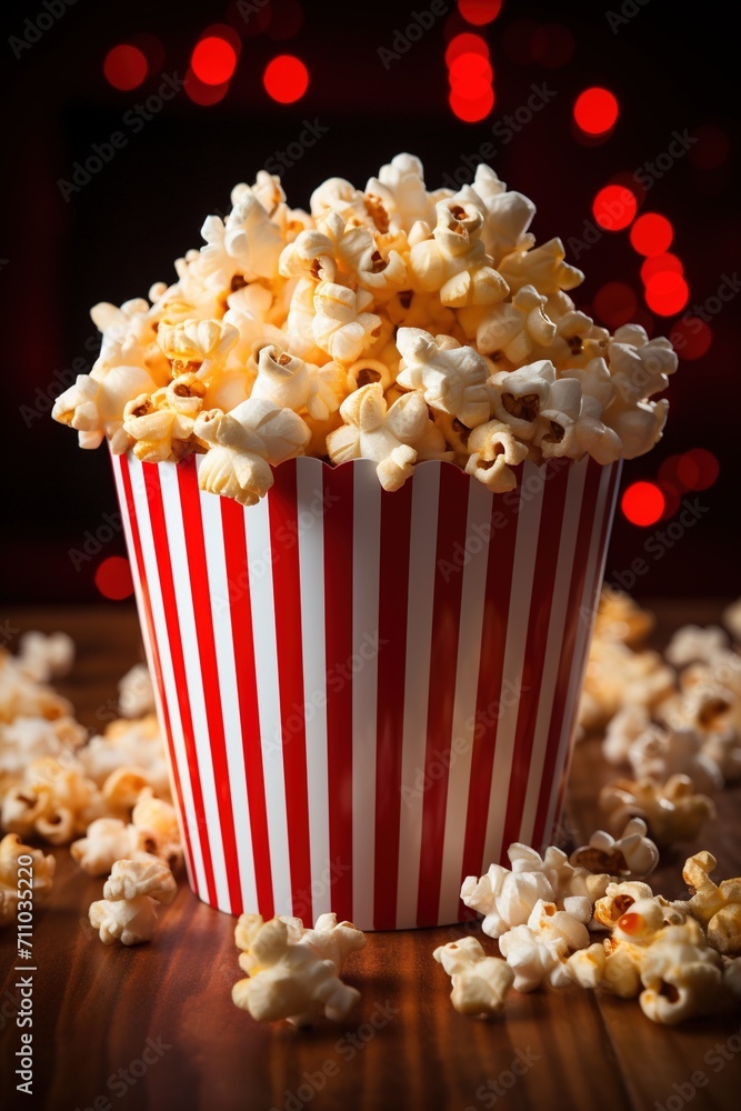 A red and white striped popcorn bucket with a lot of popcorn in it A red and white striped popcorn bucket with a lot of popcorn in it