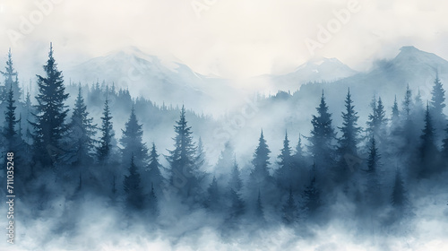 Watercolor foggy forest landscape illustration. Wild nature in wintertime. photo