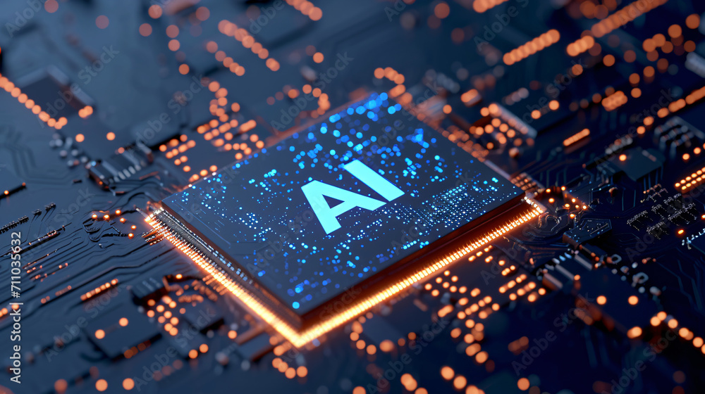 Microchip with the text 'AI. Concept of Artificial Intelligence in latest generation computers. Microchip with the text 'AI. Concept of Artificial Intelligence in latest generation computers.