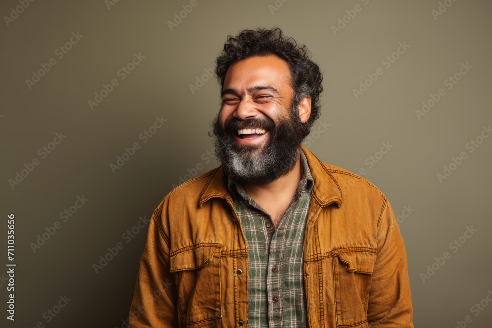 Portrait of a laughing bearded Indian man in a plaid shirt. Portrait of a laughing bearded Indian man in a plaid shirt.