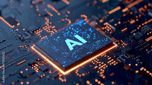 Microchip with the text 'AI. Concept of Artificial Intelligence in latest generation computers.