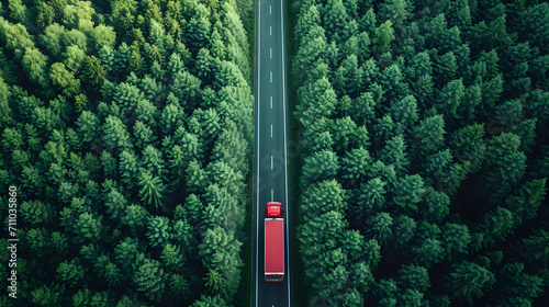 Aerial top view of car and truck driving on highway road in green forest. Sustainable transport. Drone view of hydrogen energy truck driving on asphalt road 