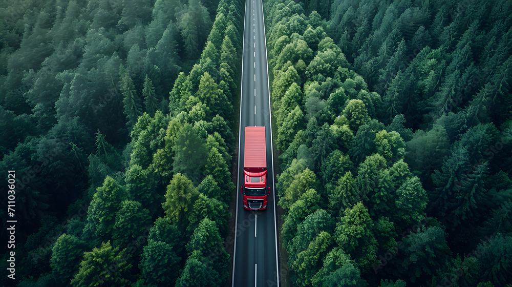 Aerial top view of car and truck driving on highway road in green forest. Sustainable transport. Drone view of hydrogen energy truck driving on asphalt road  - obrazy, fototapety, plakaty 