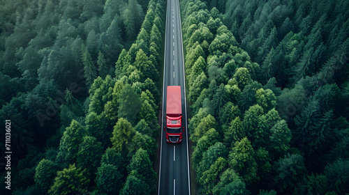 Aerial top view of car and truck driving on highway road in green forest. Sustainable transport. Drone view of hydrogen energy truck driving on asphalt road  photo