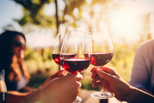 Friends toasting with red wine glasses in vineyard at sunset