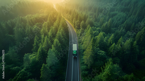 Aerial top view of car and truck driving on highway road in green forest. Sustainable transport. Drone view of hydrogen energy truck driving on asphalt road