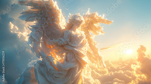Angel spirit across a bright blue sky with clouds  photo