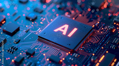 Microchip with the text 'AI. Concept of Artificial Intelligence in latest generation computers.