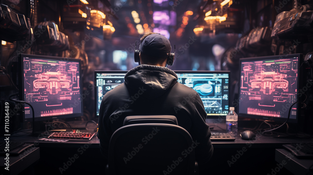 Professional IT Programmer Uses Headphones while Working on Desktop Computer. Professional IT Programmer Uses Headphones while Working on Desktop Computer.