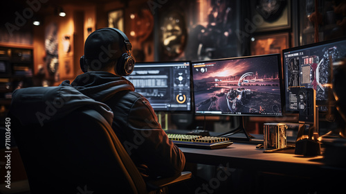 System Administrator Working in a Dark Research Facility on a Computer with Multiple Displays.