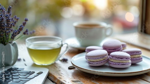 Close-up of lavender-colored and flavored macaroons as an addition to the tea ceremony