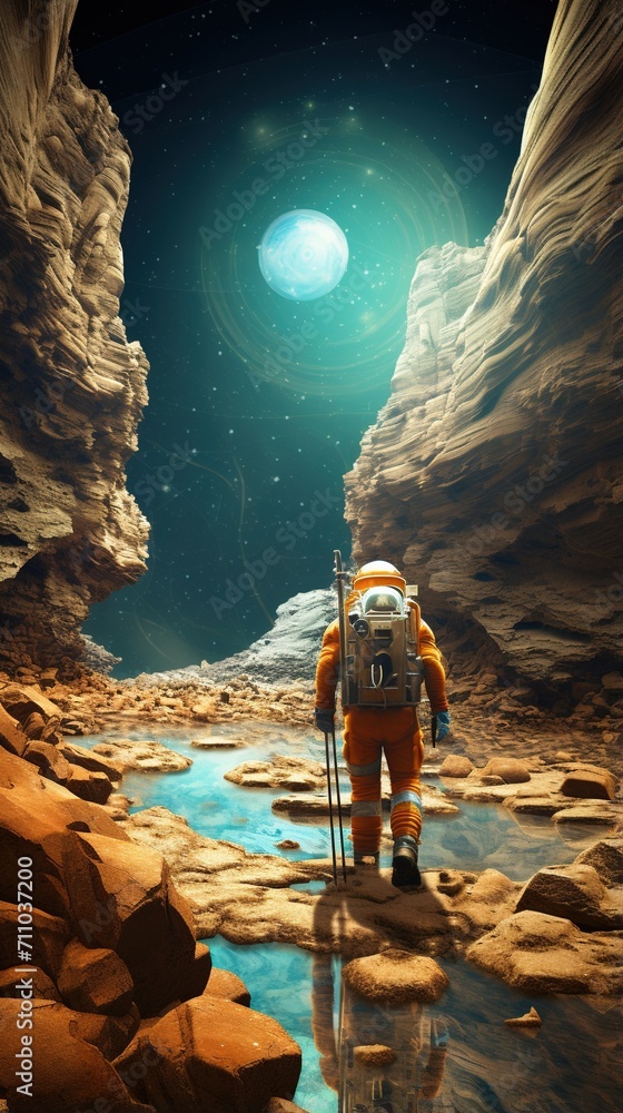 Astronaut walking on a rocky moon terrain