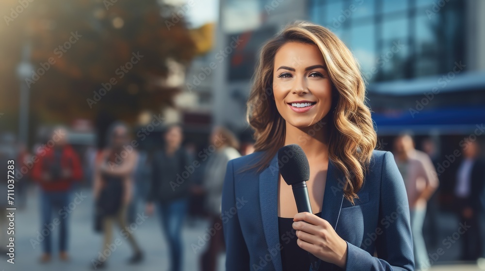 Interview of female journalist for tv radio station or television outdoor in city Interview of female journalist for tv radio station or television outdoor in city