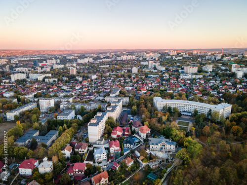 aerial view of chisinau districts during sunset
