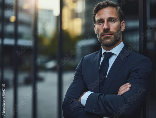 Portrait of confident businessman with crossed arms looking at camera outdoors.