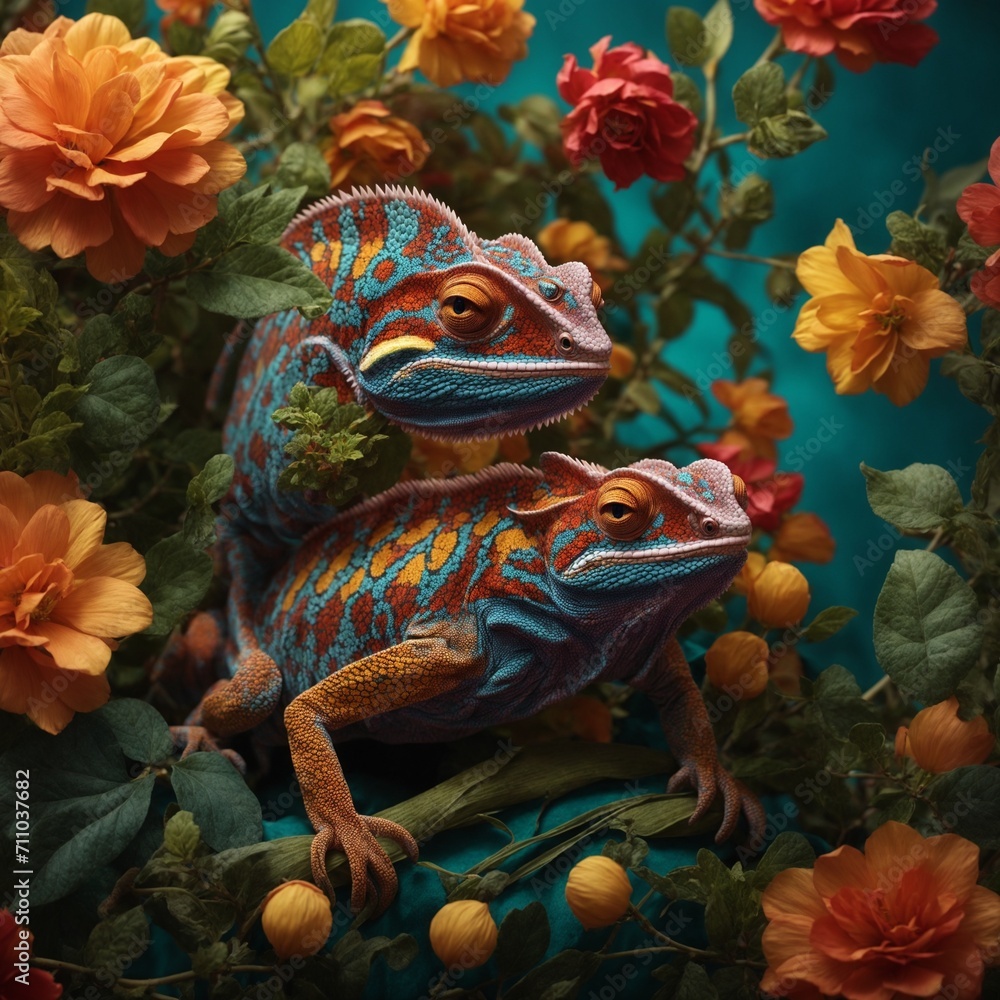 a detailed and charming illustration of a surreal chameleon, incorporating vibrant hues and intricate patterns to showcase the creature's ability to adapt to its surroundings