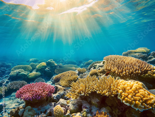 Tropical coral reef with hard corals and ray of sunlight underwater
