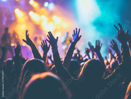Crowd with hands raised at a music festival or live concert.