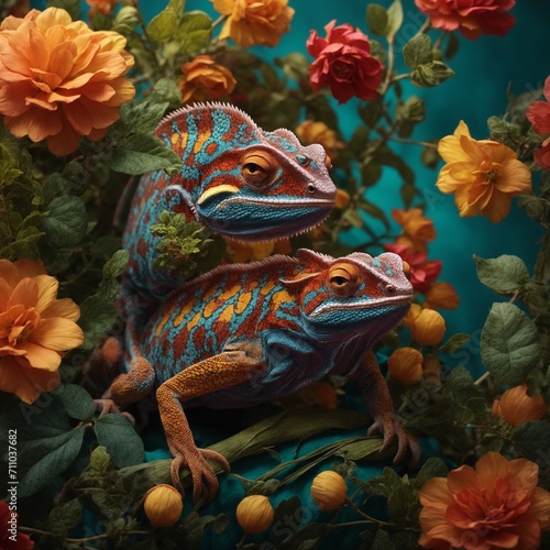 a detailed and charming illustration of a surreal chameleon, incorporating vibrant hues and intricate patterns to showcase the creature's ability to adapt to its surroundings