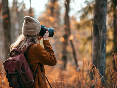 A girl with a backpack and a camera in the autumn forest. © koala studio