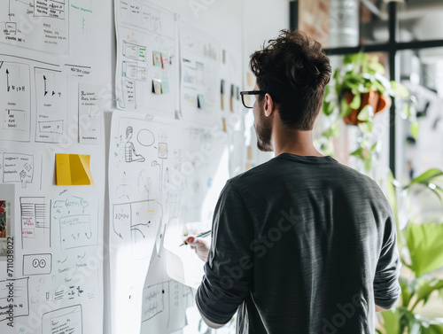 rear view of young man in eyeglasses looking at sticky notes on wall in office