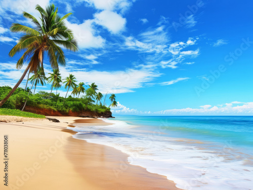 tropical beach under the blue sky with white clouds and coconut palm