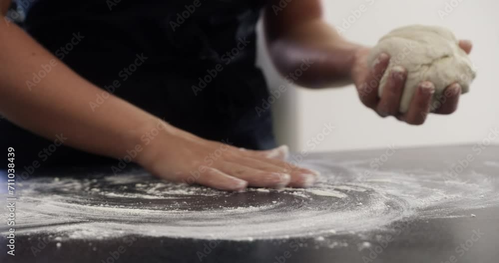 Person, hands and dough with flour on kitchen table for baking, cooking or pizza process in apartment. Chef, bakery and pastry for recipe, handmade cake or bread with wheat or preparation in home Person, hands and dough with flour on kitchen table for baking, cooking or pizza process in apartment. Chef, bakery and pastry for recipe, handmade cake or bread with wheat or preparation in home