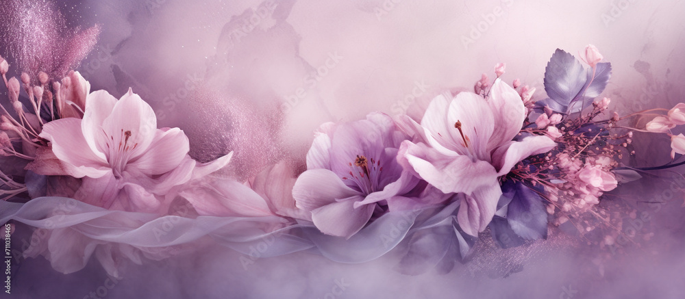 Flowers, lavander, rose beautiful Natural floral background feminine banner Sunny summer with sunlight and bokeh colourful purple, violet and pink colors copy space greeting card poster.