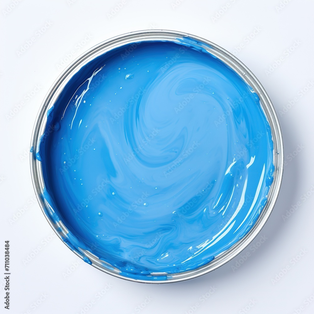 A can of blue paint on a white background, top view. Decorative light blue interior paint close-up. Close-up of paints and varnishes in an open can. A can of blue paint on a white background, top view. Decorative light blue interior paint close-up. Close-up of paints and varnishes in an open can.