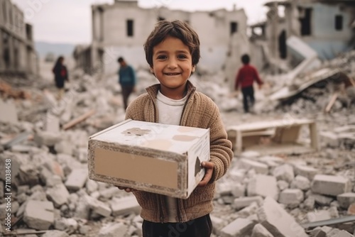 Poor small pakistan boy children holds a white gift box photo