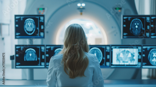 A physician's dedication to interpreting brain scans on screens adjacent to the MRI