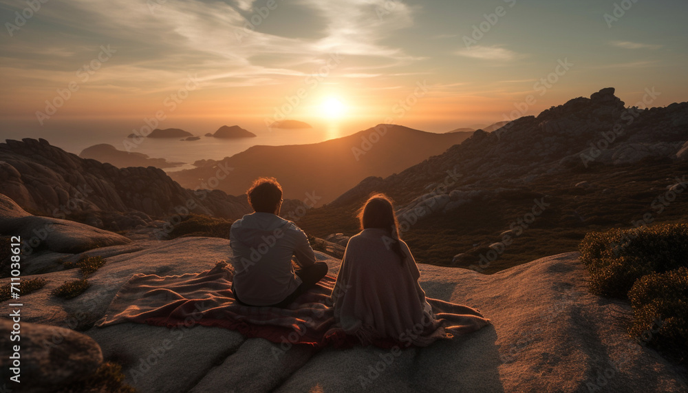 A couple embraces on a mountain peak, enjoying the sunset generated by AI