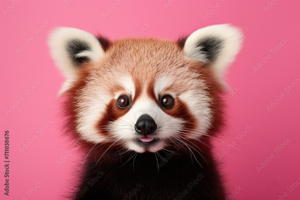 red panda portrait banner with a soft pink background 