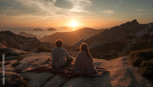 A couple embraces on a mountain peak  enjoying the sunset generated by AI