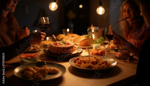 A festive gathering of friends enjoying a gourmet meal indoors generated by AI