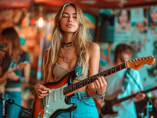 A hipster girl with long hair plays an electric guitar and sings into a microphone at a concert in a club against the background of a group of musicians.