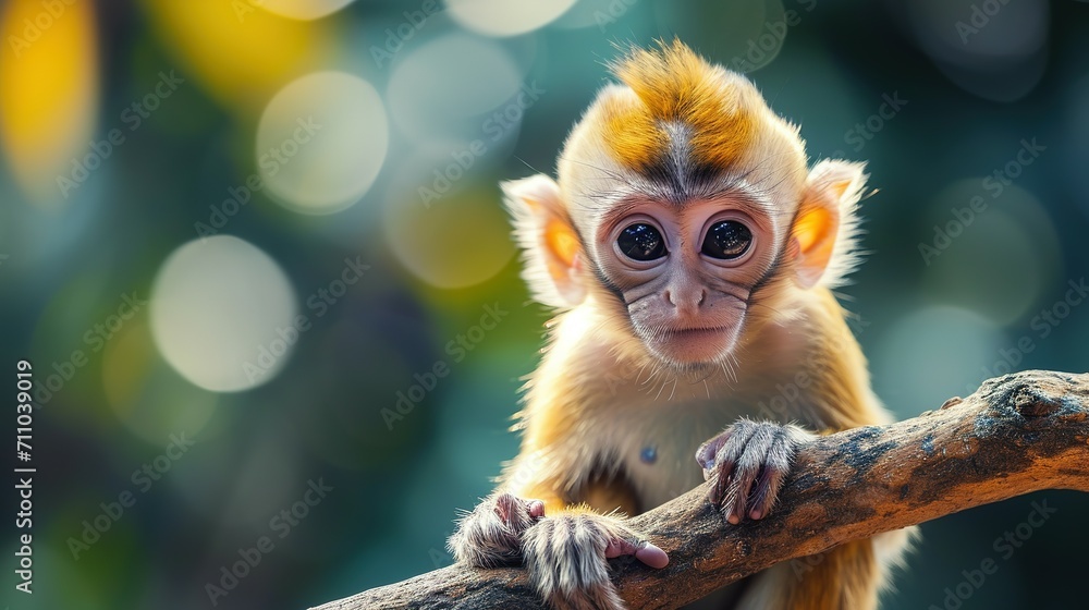Fototapeta premium Cute small monkey sitting on branch, looking at camera generated by AI