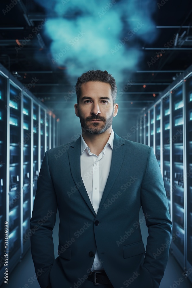 A man standing in a server room full of blue lights. A man standing in a server room full of blue lights.
