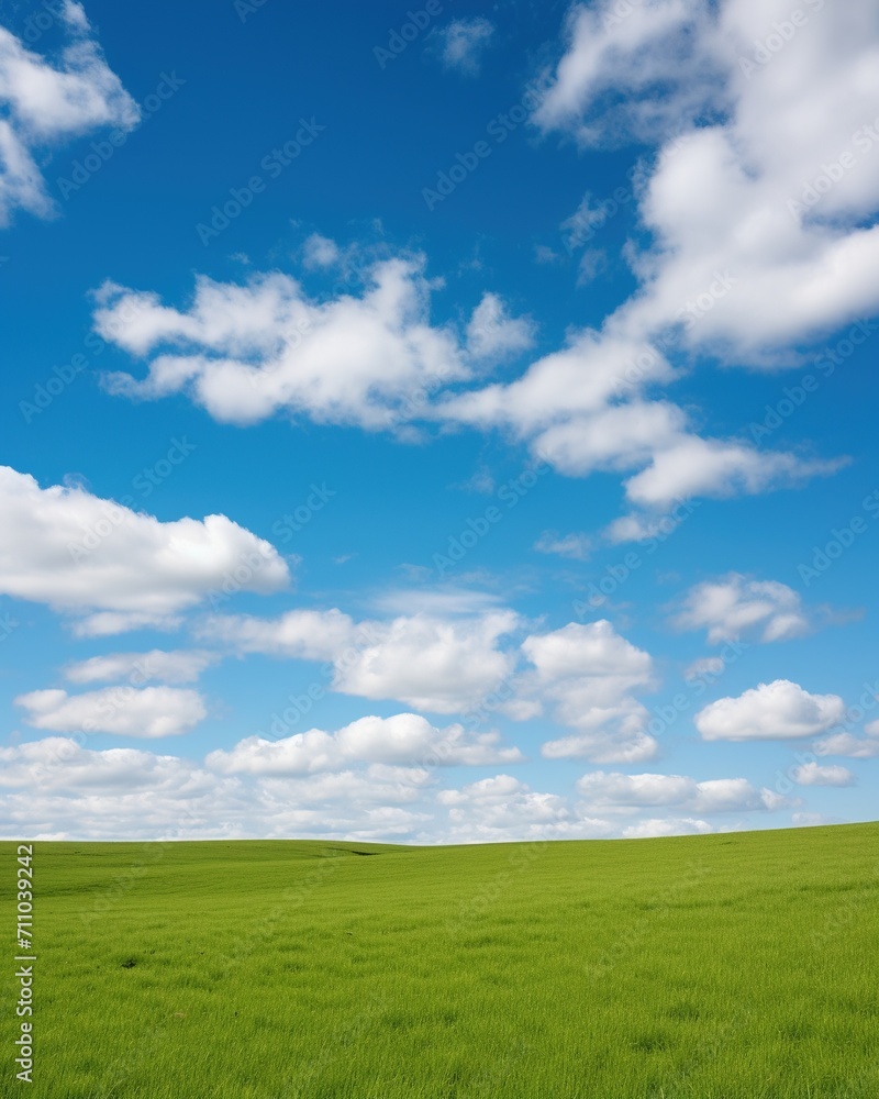 Green field under blue sky with white clouds