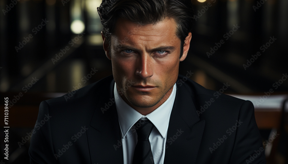Confident businessman in suit, looking at camera, successful and professional generated by AI Confident businessman in suit, looking at camera, successful and professional generated by AI