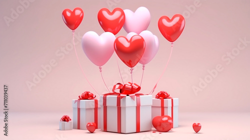 The perfect setting for Valentine's Day, a gift adorned with heart-shaped balloons, shades of pink and red reminiscent of Valentine's Day. Aesthetic, poetic, stuning, romantic. Design illustration 3D. © BananaBee