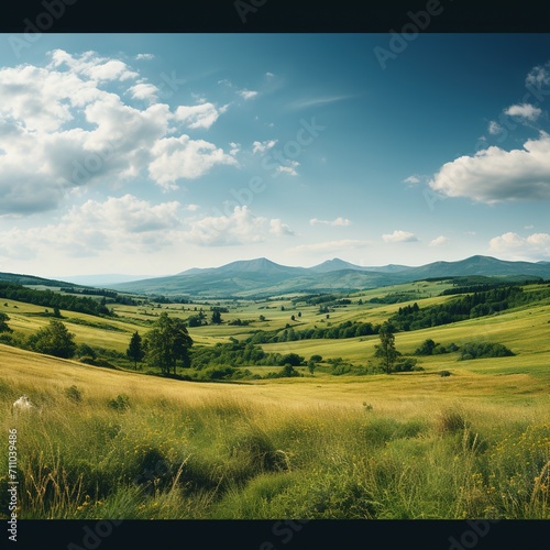 Scenic landscape of green rolling hills and blue sky with white clouds