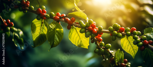 fresh ripe coffee beans hanging on a coffee plant branch with blurred background photo